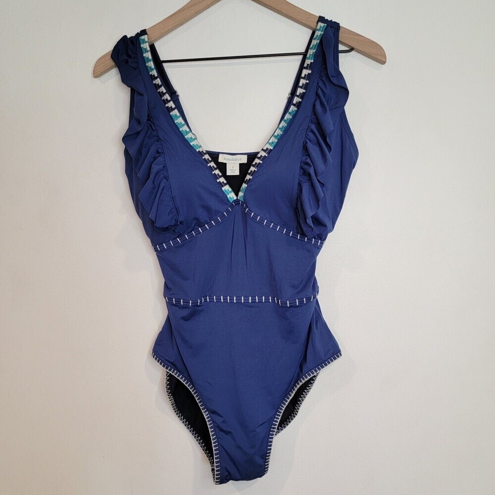 Sundance Navy Blue Embroidered Detail Swimsuit One Piece Swim Suit Size Small